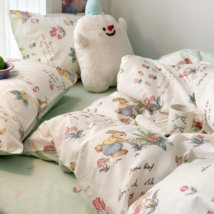 91家纺网 家纺一手货源 找家纺 昔可 2023新款全棉四件套-第五批 春日采花小兔