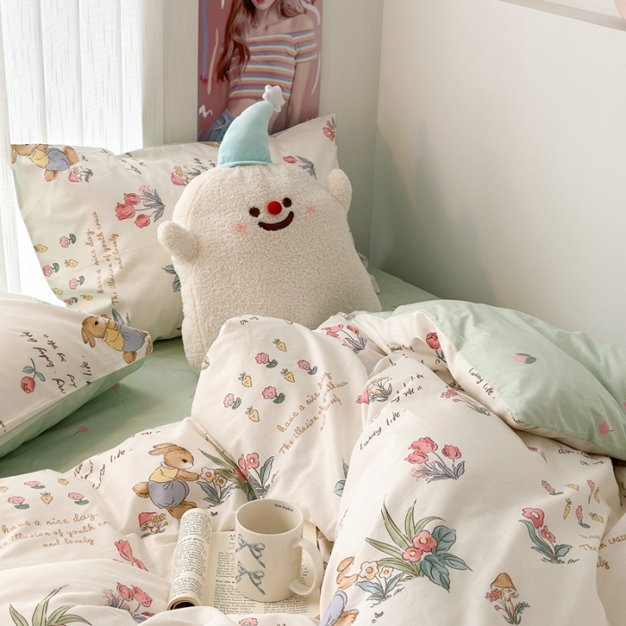 91家纺网 家纺一手货源 找家纺 昔可 2023新款全棉四件套-第五批 春日采花小兔