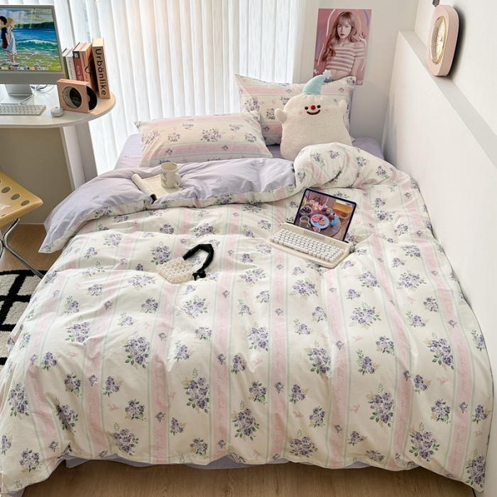 91家纺网 家纺一手货源 找家纺 昔可 2023新款全棉四件套-第五批 落樱紫花