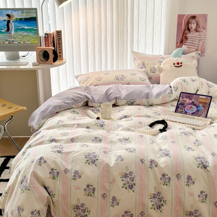 91家纺网 家纺一手货源 找家纺 昔可 2023新款全棉四件套-第五批 落樱紫花