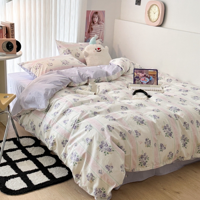 91家纺网 家纺一手货源 找家纺 昔可 2023新款全棉四件套-第五批 落樱紫花