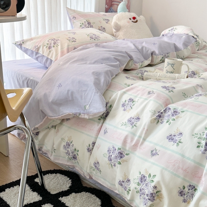 91家纺网 家纺一手货源 找家纺 昔可 2023新款全棉四件套-第五批 落樱紫花