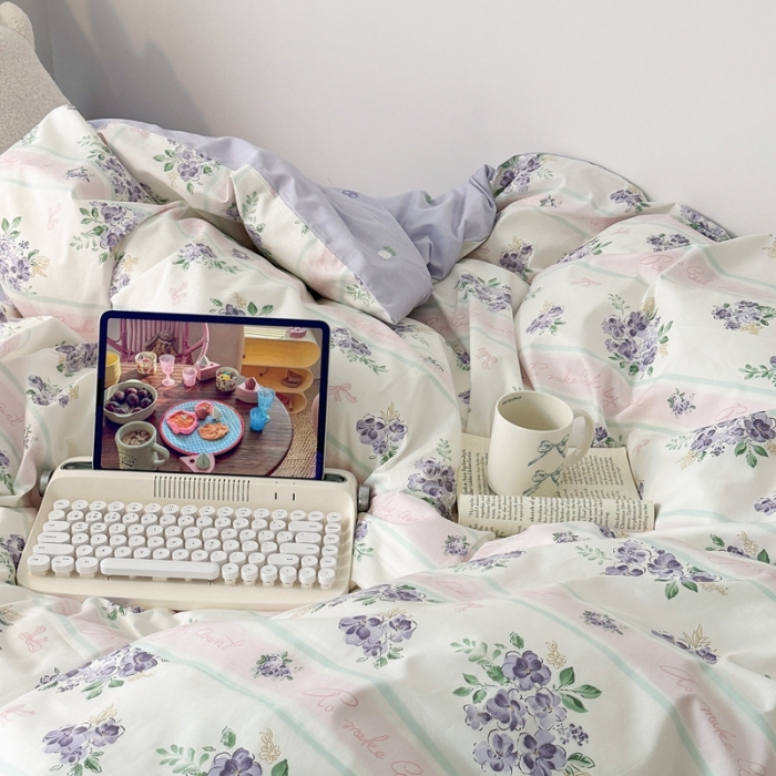 91家纺网 家纺一手货源 找家纺 昔可 2023新款全棉四件套-第五批 落樱紫花