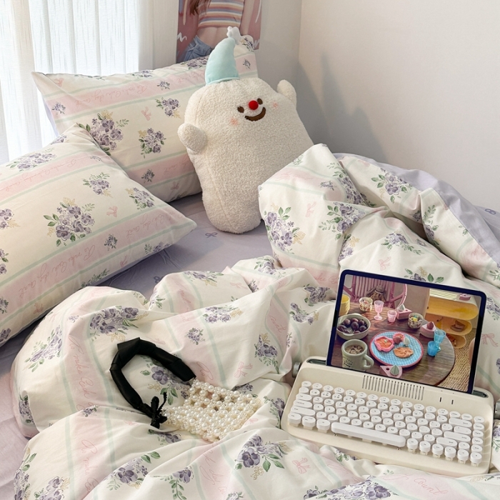 91家纺网 家纺一手货源 找家纺 昔可 2023新款全棉四件套-第五批 落樱紫花