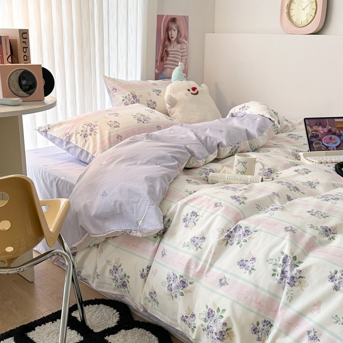 91家纺网 家纺一手货源 找家纺 昔可 2023新款全棉四件套-第五批 落樱紫花