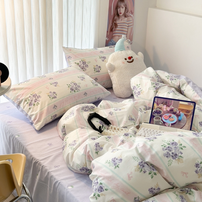 91家纺网 家纺一手货源 找家纺 昔可 2023新款全棉四件套-第五批 落樱紫花