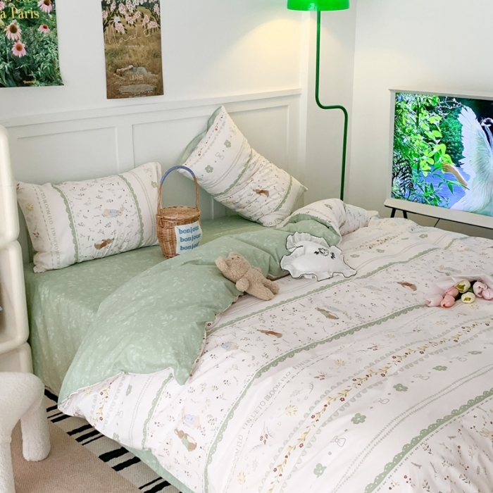 91家纺网 家纺一手货源 找家纺 昔可家纺 2023新款全棉四件套-第六批 绿野小兔