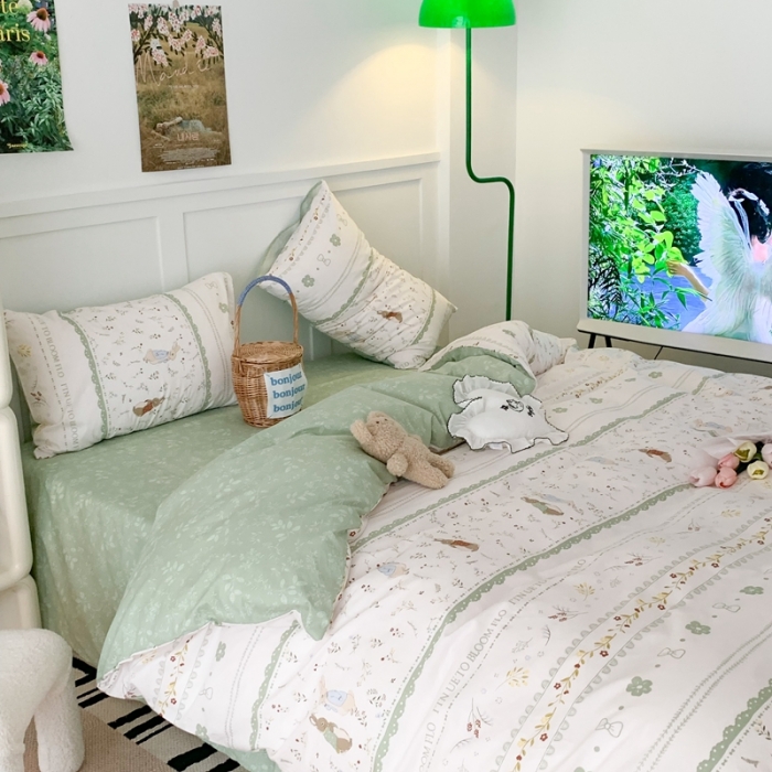 91家纺网 家纺一手货源 找家纺 昔可家纺 2023新款全棉四件套-第六批 绿野小兔