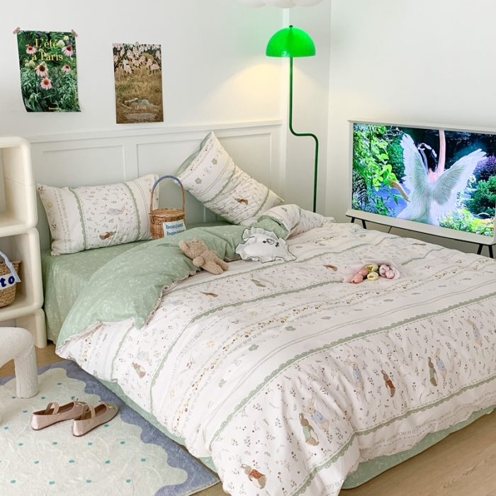 91家纺网 家纺一手货源 找家纺 昔可家纺 2023新款全棉四件套-第六批 绿野小兔