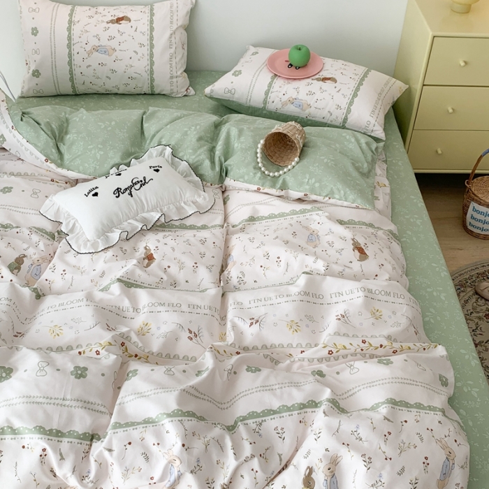 91家纺网 家纺一手货源 找家纺 昔可家纺 2023新款全棉四件套-第六批 绿野小兔