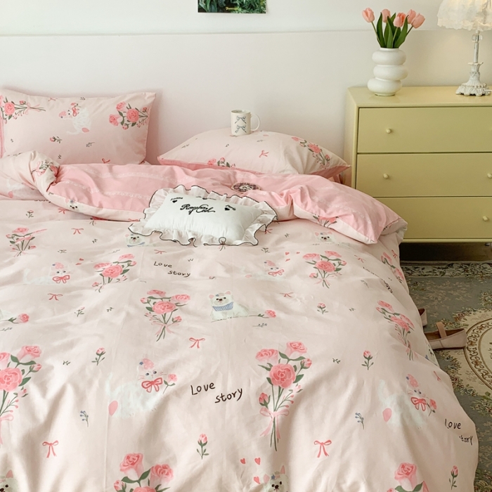 91家纺网 家纺一手货源 找家纺 昔可家纺 2023新款全棉四件套-第六批 玫瑰猫咪