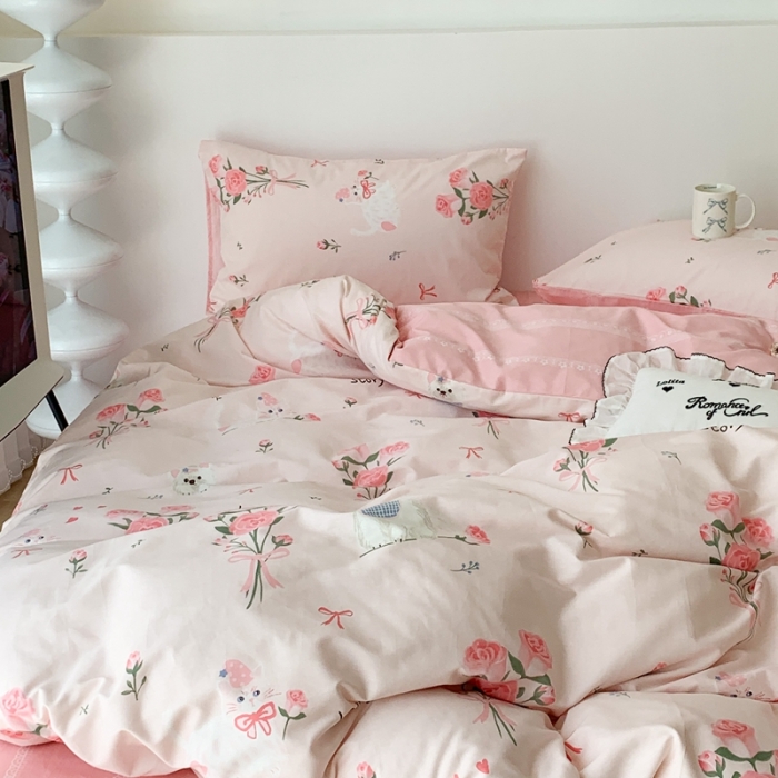 91家纺网 家纺一手货源 找家纺 昔可家纺 2023新款全棉四件套-第六批 玫瑰猫咪