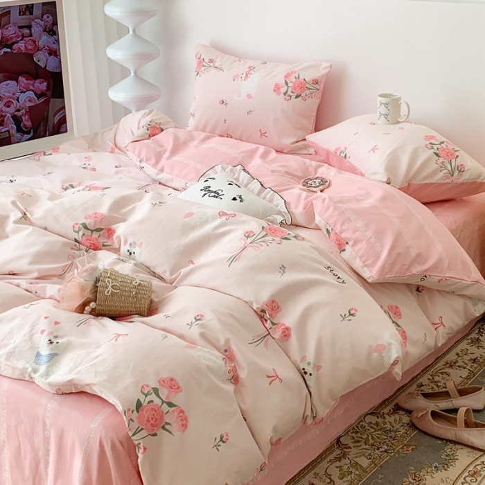 91家纺网 家纺一手货源 找家纺 昔可家纺 2023新款全棉四件套-第六批 玫瑰猫咪