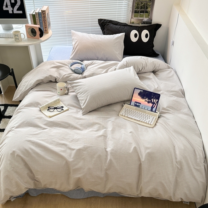 91家纺网 家纺一手货源 找家纺 昔可家纺 2023新款全棉学生季北欧风四件套 机理格