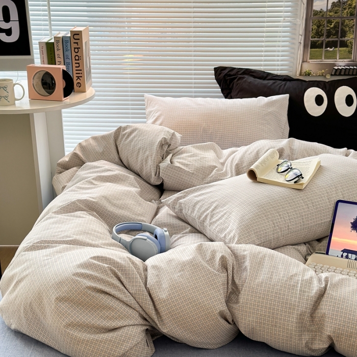 91家纺网 家纺一手货源 找家纺 昔可家纺 2023新款全棉学生季北欧风四件套 机理格