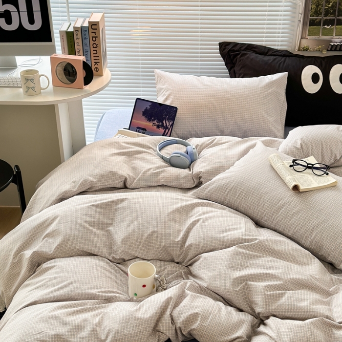 91家纺网 家纺一手货源 找家纺 昔可家纺 2023新款全棉学生季北欧风四件套 机理格