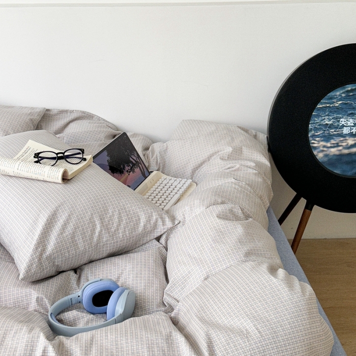 91家纺网 家纺一手货源 找家纺 昔可家纺 2023新款全棉学生季北欧风四件套 机理格