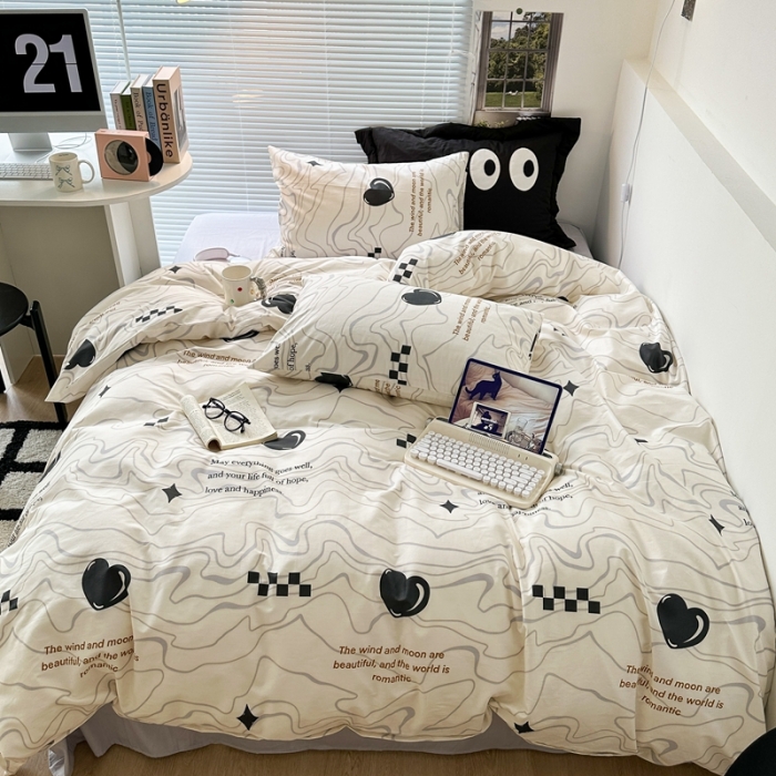 91家纺网 家纺一手货源 找家纺 昔可家纺 2023新款全棉学生季北欧风四件套 几何爱心