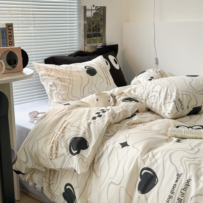 91家纺网 家纺一手货源 找家纺 昔可家纺 2023新款全棉学生季北欧风四件套 几何爱心