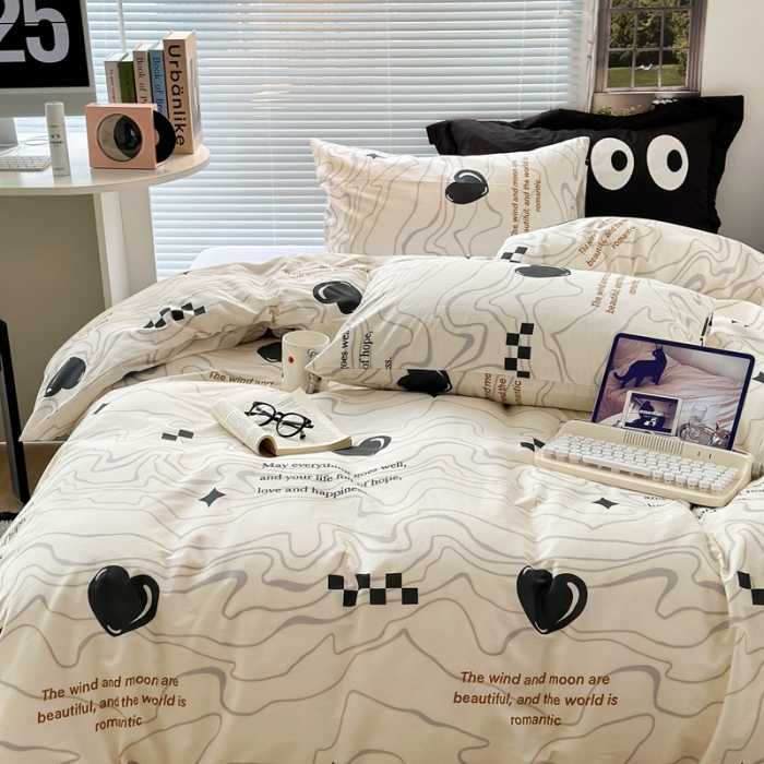 91家纺网 家纺一手货源 找家纺 昔可家纺 2023新款全棉学生季北欧风四件套 几何爱心