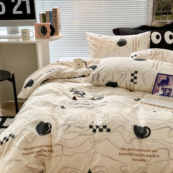 91家纺网 家纺一手货源 找家纺 昔可家纺 2023新款全棉学生季北欧风四件套 几何爱心