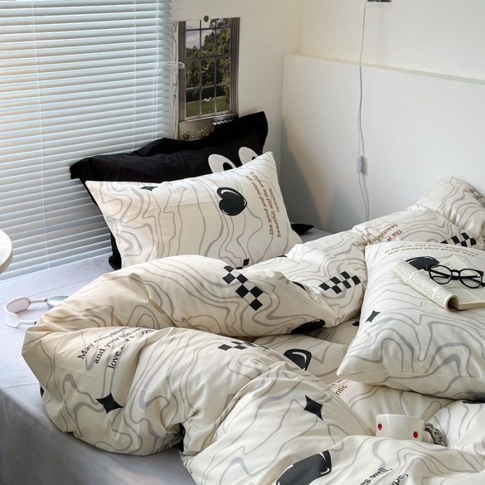 91家纺网 家纺一手货源 找家纺 昔可家纺 2023新款全棉学生季北欧风四件套 几何爱心