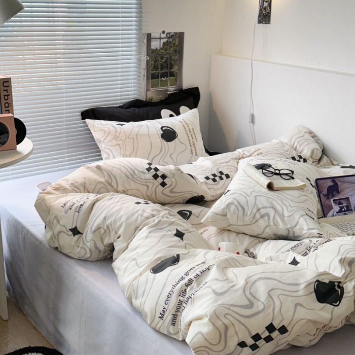 91家纺网 家纺一手货源 找家纺 昔可家纺 2023新款全棉学生季北欧风四件套 几何爱心