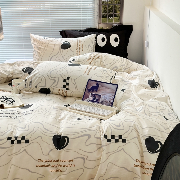 91家纺网 家纺一手货源 找家纺 昔可家纺 2023新款全棉学生季北欧风四件套 几何爱心