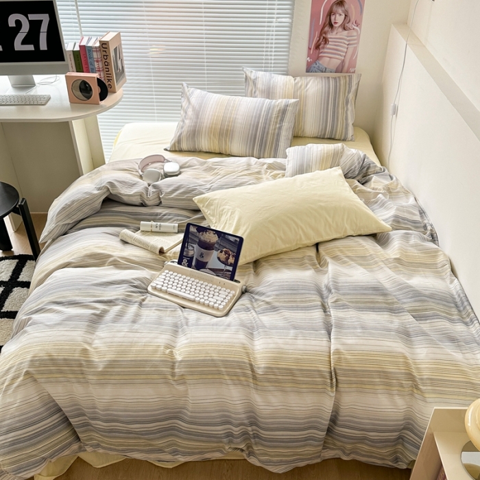 91家纺网 家纺一手货源 找家纺 昔可家纺 2023新款全棉学生季北欧风四件套 轻奢彩条