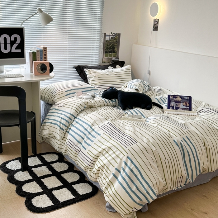 91家纺网 家纺一手货源 找家纺 昔可家纺 2023新款全棉学生季北欧风四件套 塞纳蓝