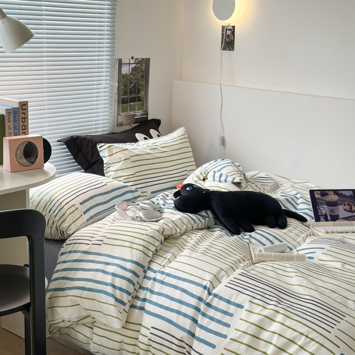 91家纺网 家纺一手货源 找家纺 昔可家纺 2023新款全棉学生季北欧风四件套 塞纳蓝