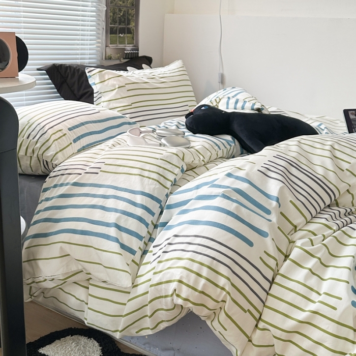 91家纺网 家纺一手货源 找家纺 昔可家纺 2023新款全棉学生季北欧风四件套 塞纳蓝