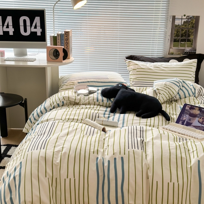 91家纺网 家纺一手货源 找家纺 昔可家纺 2023新款全棉学生季北欧风四件套 塞纳蓝