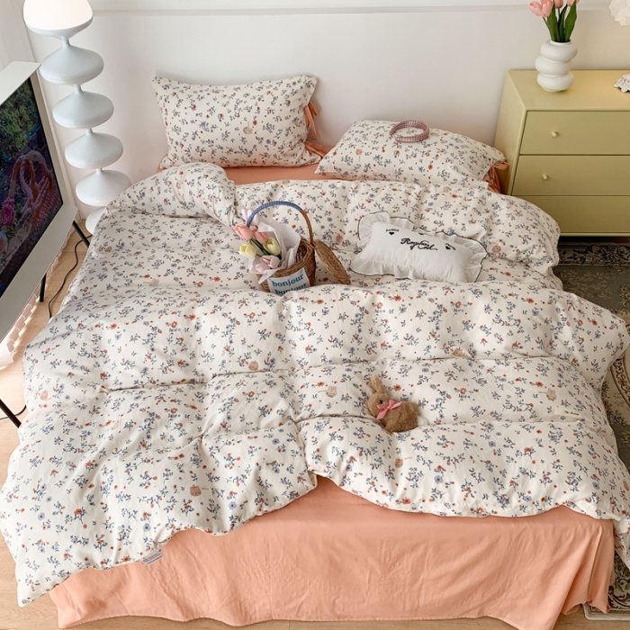 91家纺网 家纺一手货源 找家纺 昔可家纺 2023新款双层纱枕头绑带版四件套 橙花