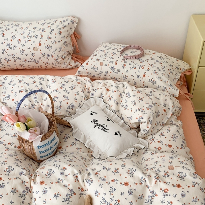 91家纺网 家纺一手货源 找家纺 昔可家纺 2023新款双层纱枕头绑带版四件套 橙花