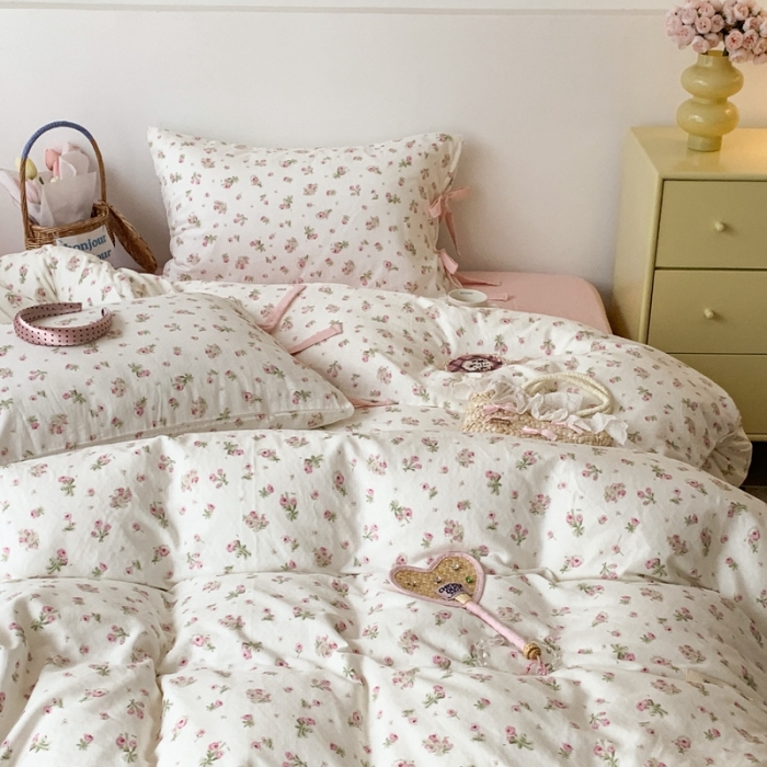 91家纺网 家纺一手货源 找家纺 昔可家纺 2023新款双层纱枕头绑带版四件套 粉粉馥芮