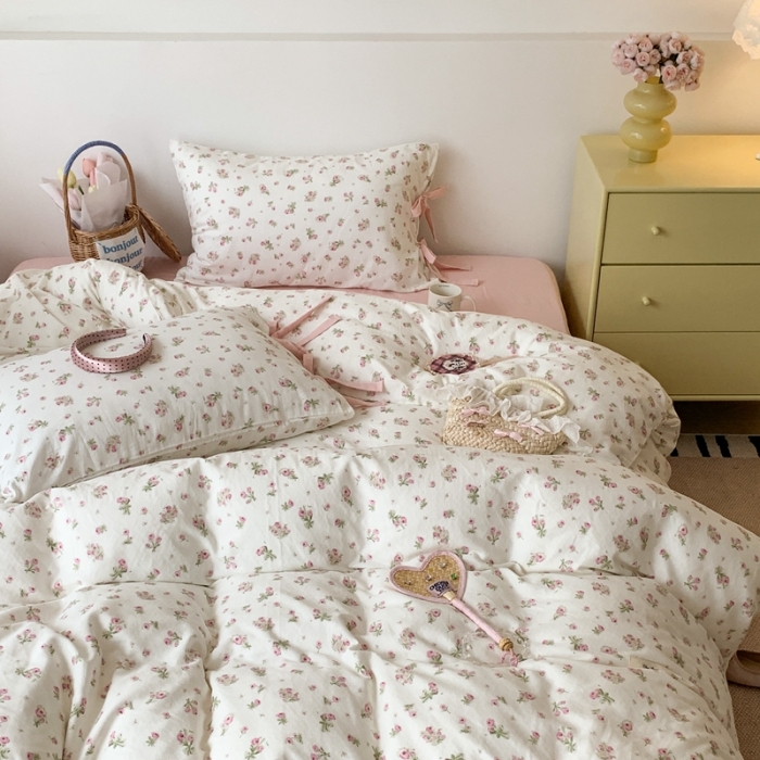 91家纺网 家纺一手货源 找家纺 昔可家纺 2023新款双层纱枕头绑带版四件套 粉粉馥芮