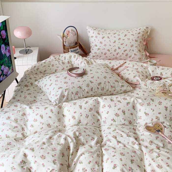 91家纺网 家纺一手货源 找家纺 昔可家纺 2023新款双层纱枕头绑带版四件套 粉粉馥芮