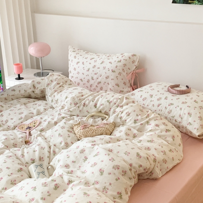 91家纺网 家纺一手货源 找家纺 昔可家纺 2023新款双层纱枕头绑带版四件套 粉粉馥芮