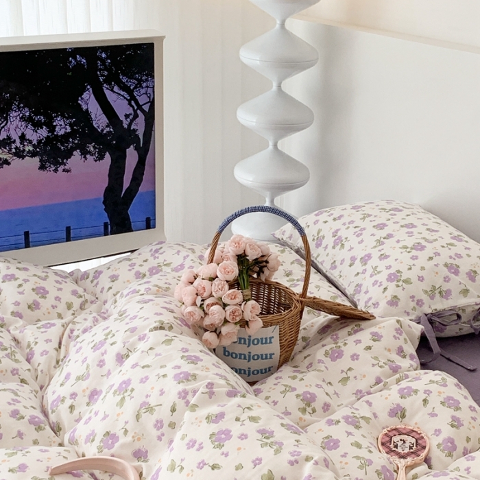 91家纺网 家纺一手货源 找家纺 昔可家纺 2023新款双层纱枕头绑带版四件套 莫奈紫