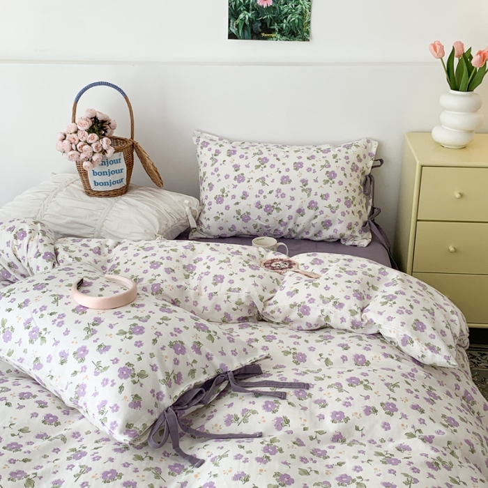 91家纺网 家纺一手货源 找家纺 昔可家纺 2023新款双层纱枕头绑带版四件套 莫奈紫