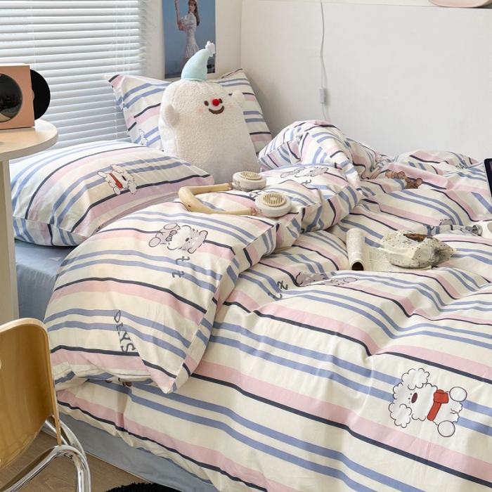 91家纺网 家纺一手货源 找家纺 昔可家纺 2023新款全棉小卡通系列四件套 条纹狗狗