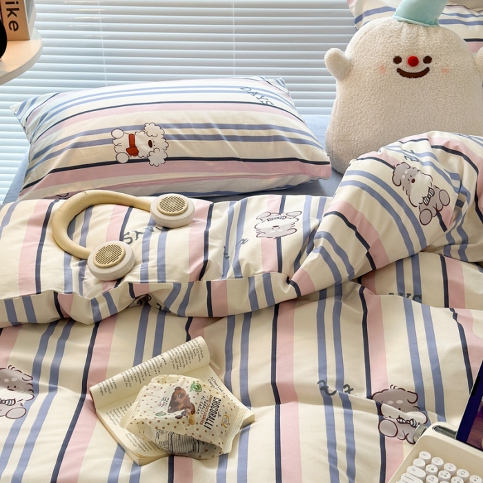 91家纺网 家纺一手货源 找家纺 昔可家纺 2023新款全棉小卡通系列四件套 条纹狗狗