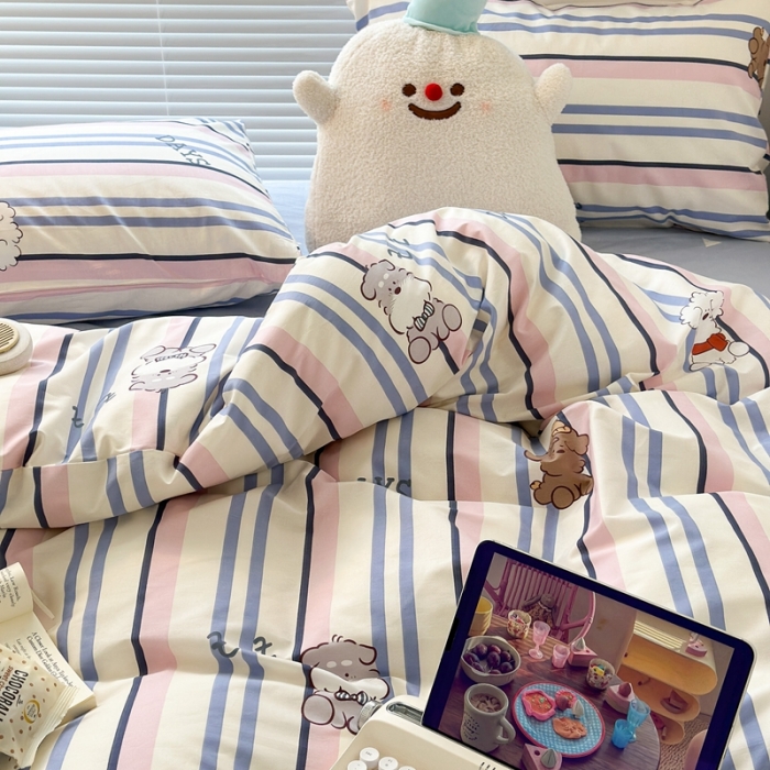 91家纺网 家纺一手货源 找家纺 昔可家纺 2023新款全棉小卡通系列四件套 条纹狗狗