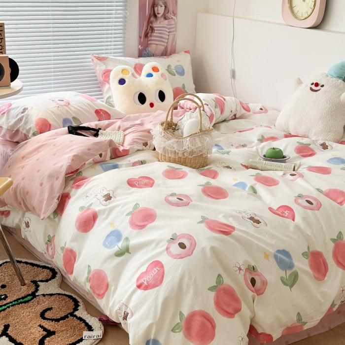 91家纺网 家纺一手货源 找家纺 昔可家纺 2023新款全棉小卡通系列四件套 郁金香蜜桃
