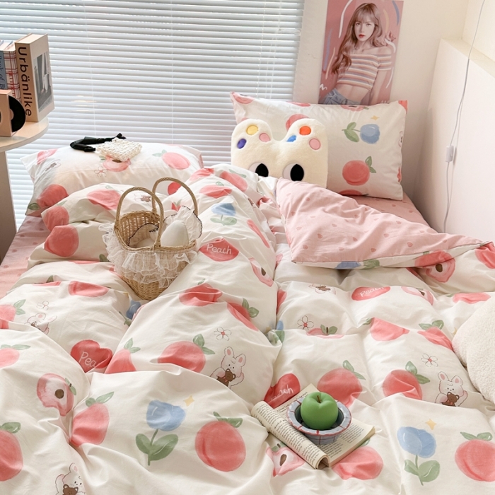 91家纺网 家纺一手货源 找家纺 昔可家纺 2023新款全棉小卡通系列四件套 郁金香蜜桃