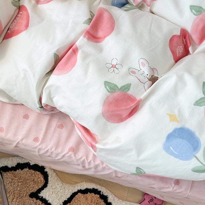 91家纺网 家纺一手货源 找家纺 昔可家纺 2023新款全棉小卡通系列四件套 郁金香蜜桃