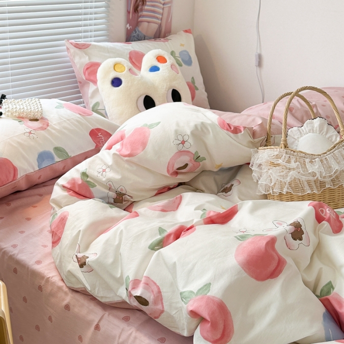 91家纺网 家纺一手货源 找家纺 昔可家纺 2023新款全棉小卡通系列四件套 郁金香蜜桃