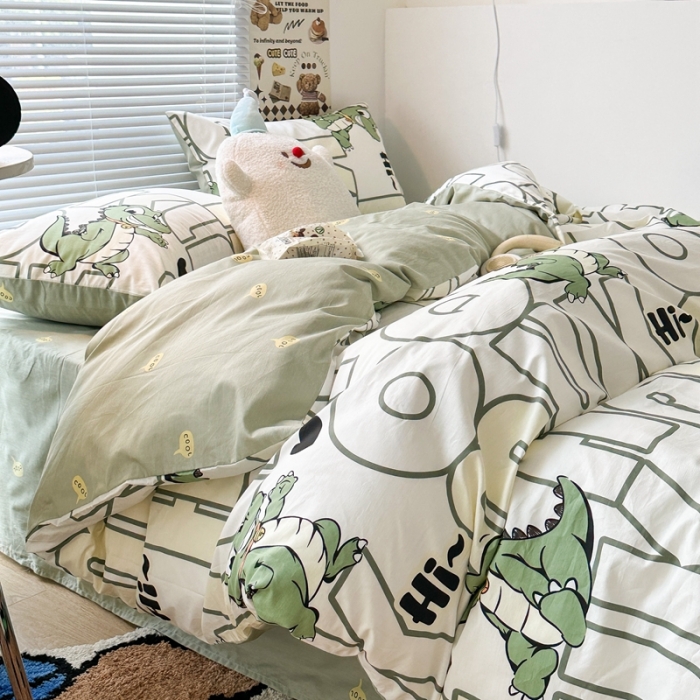 91家纺网 家纺一手货源 找家纺 昔可家纺 2023新款全棉小卡通系列四件套 字母恐龙