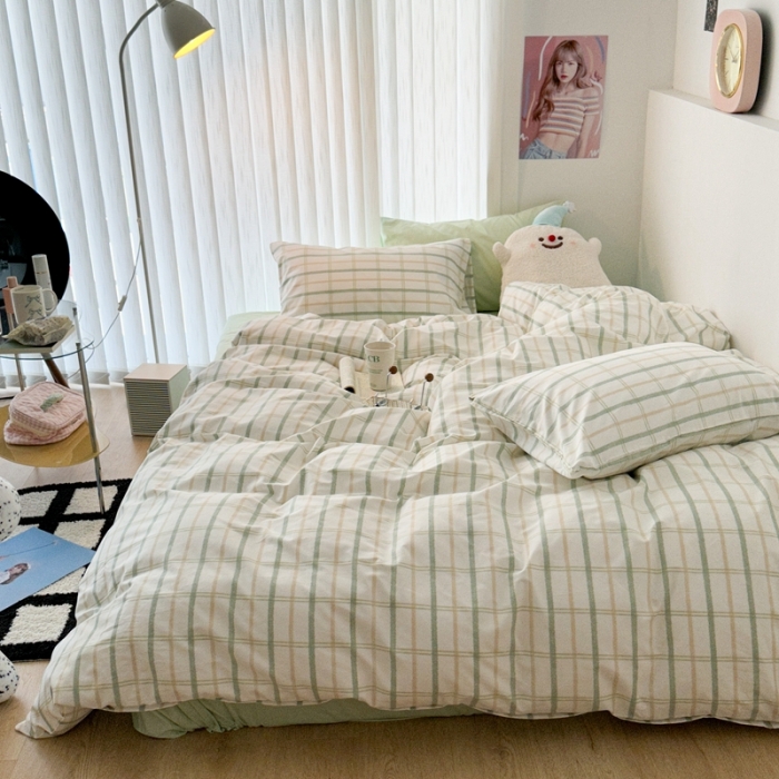 91家纺网 家纺一手货源 找家纺 昔可 2023新款全棉ins格子混搭系列四件套 ins简约绿格